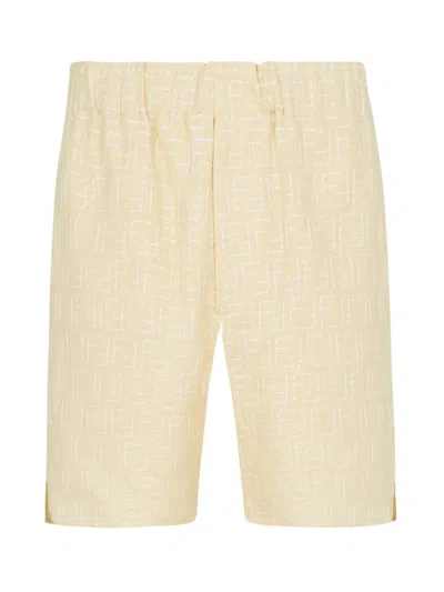 Fendi Men Jacquard Linen And Cotton Bermuda Shorts With All-over Ff Motif In Neutral