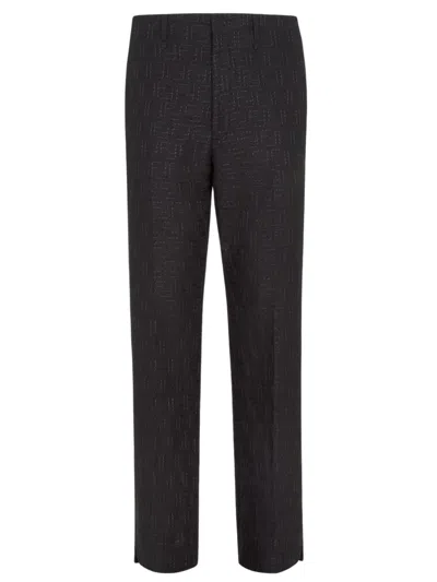 Fendi Trousers In Black Ff Jacquard Linen Blend In Black