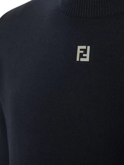 Fendi Ff Logo Wool Crewneck Sweater In Blue