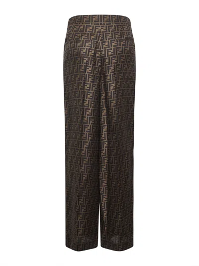 Fendi Ff Silk Twill Wide Leg Trousers Clothing In Multi