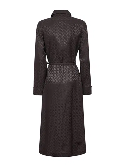 Fendi Silk Chess Ff Long Sleeve Midi Dress Dresses Brown In Multi