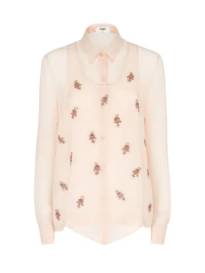 Fendi Floral Embroidered Silk Top With Classic Collar In Pink