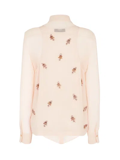 Fendi Floral Embroidered Silk Top With Classic Collar In Pink