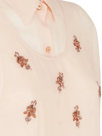 Fendi Floral Embroidered Silk Top With Classic Collar In Pink
