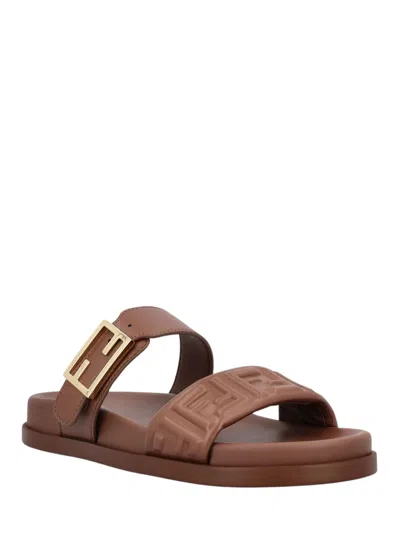 Fendi Slide Sandals With Buckle Detail And Flat Sole In Brown