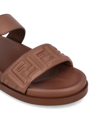 Fendi Slide Sandals With Buckle Detail And Flat Sole In Brown