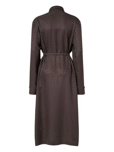 Fendi Silk Chess Ff Long Sleeve Midi Dress Dresses Brown In Brown