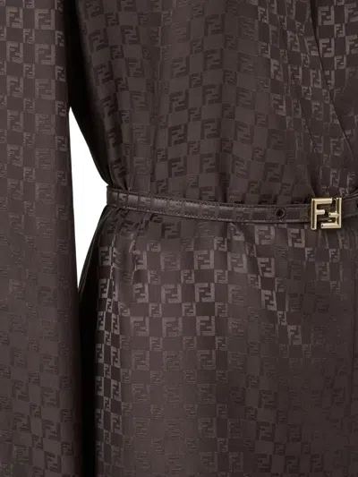 Fendi Silk Chess Ff Long Sleeve Midi Dress Dresses Brown In Brown