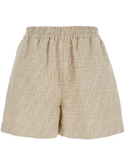 Fendi Women Beige Shorts With Elastic Waist And Wide Leg In Chambray Ff Woman In Brown