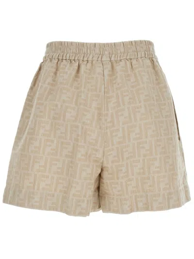 Fendi Women Beige Shorts With Elastic Waist And Wide Leg In Chambray Ff Woman In Brown