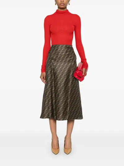 Fendi High Waisted Skirt In Twill Print Ff Clothing In Brown