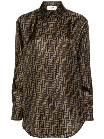 Fendi Silk Shirt With Ff Motif In Brown