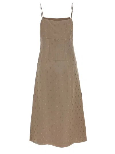 Fendi Satin Midi Dress Embroidered Pattern In Brown
