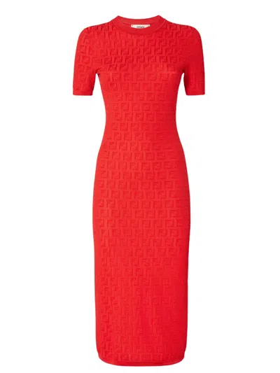 Fendi Women Red Short Sleeve Dress With All-over Ff Motif In Cotton Blend Woman In Multi