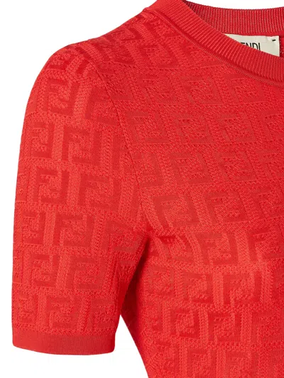 Fendi Women Red Short Sleeve Dress With All-over Ff Motif In Cotton Blend Woman In Multi