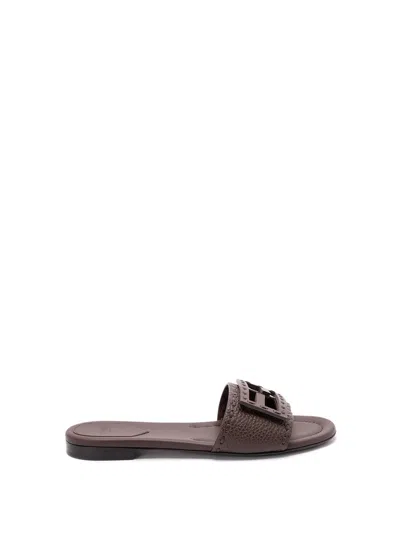 Fendi Flat Sole Open Toe Textured Strap Slides In Brown