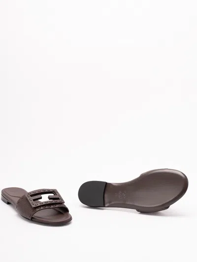Fendi Flat Sole Open Toe Textured Strap Slides In Brown
