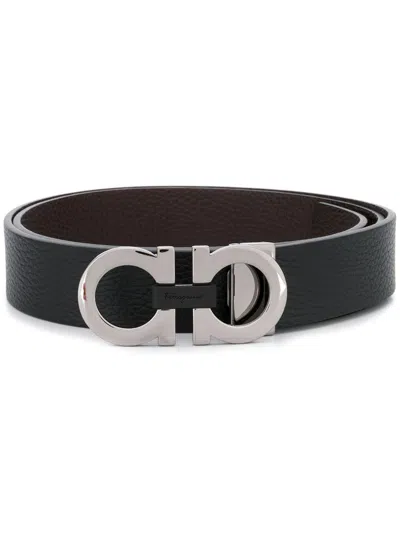 Ferragamo Reversible Embossed Gancini Leather Belt In Deep Ocean Nero