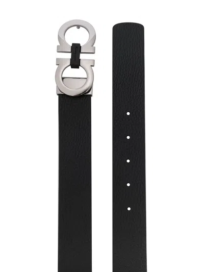 Ferragamo Reversible Embossed Gancini Leather Belt In Deep Ocean Nero