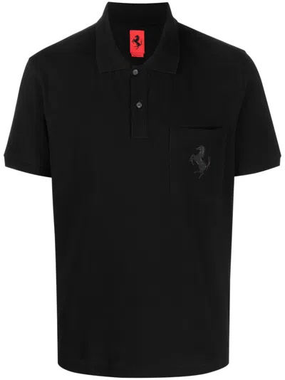 Ferrari Polo Shirt With Prancing Horse Patch Logo In Black