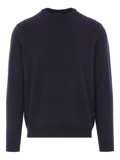 Giorgio Armani Chevron Pattern Long Sleeve Wool Blend Sweater In Blue