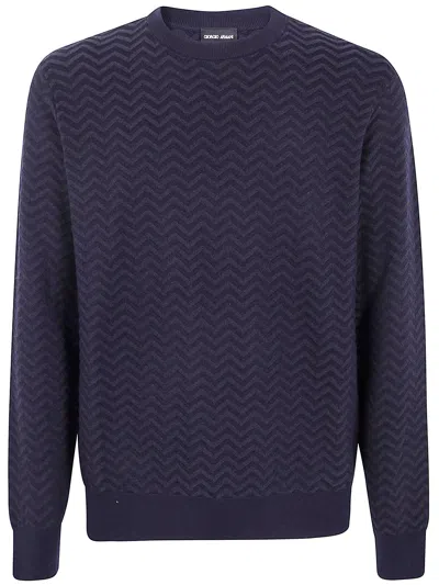 Giorgio Armani Chevron Pattern Long Sleeve Wool Blend Sweater In Blue