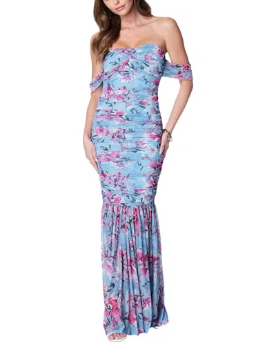 Bebe Off Shoulder Ruched Mesh Gown In Blue Multi