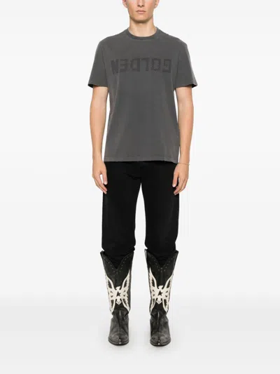 Golden Goose T-shirt In White Cotton With Iconic Logo Star In Burgundy