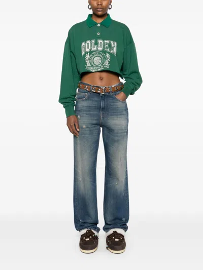 Golden Goose Journey Crop Graphic Polo Sweatshirt In Green