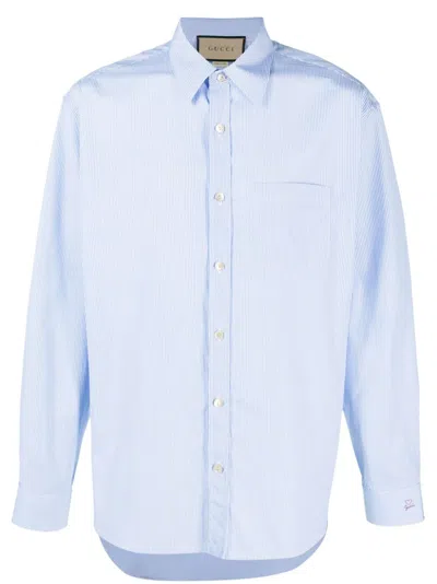 Gucci Men Cotton Shirt With Logo In Blue
