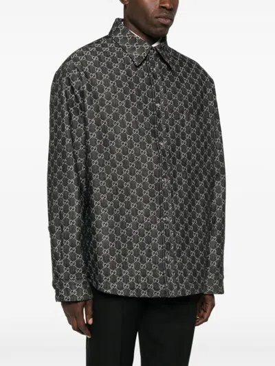 Gucci Men Grey Reversible Shirt With Gg Jacquard All-over Motif In Cotton Man In Multi