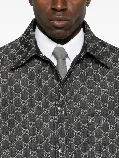 Gucci Men Grey Reversible Shirt With Gg Jacquard All-over Motif In Cotton Man In Multi