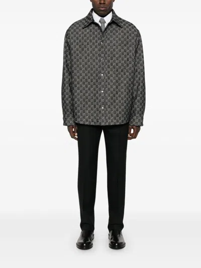 Gucci Men Grey Reversible Shirt With Gg Jacquard All-over Motif In Cotton Man In Multi
