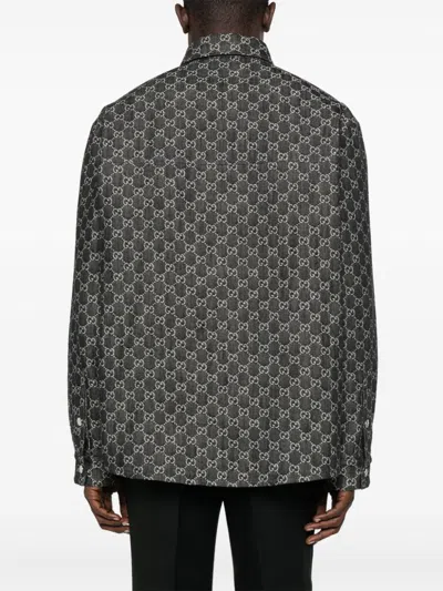 Gucci Men Grey Reversible Shirt With Gg Jacquard All-over Motif In Cotton Man In Multi