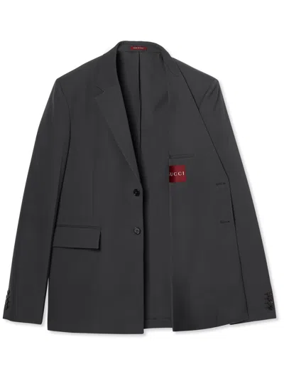 Gucci Men Dark Grey Jacket With Chest Pocket And Embossed Logo In Wool Gabardine Man In Gray