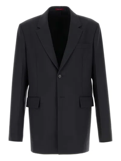 Gucci Men Dark Grey Jacket With Chest Pocket And Embossed Logo In Wool Gabardine Man In Gray