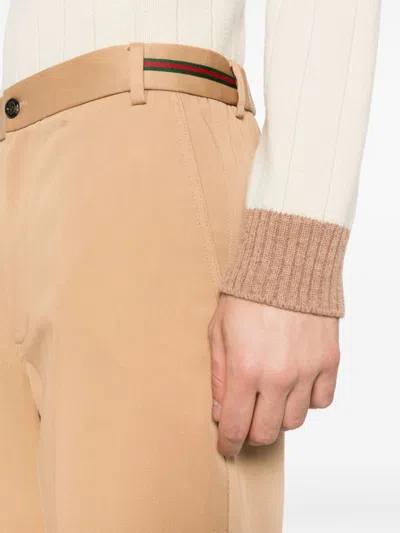 Gucci Web-detail Cotton Trousers In Brown