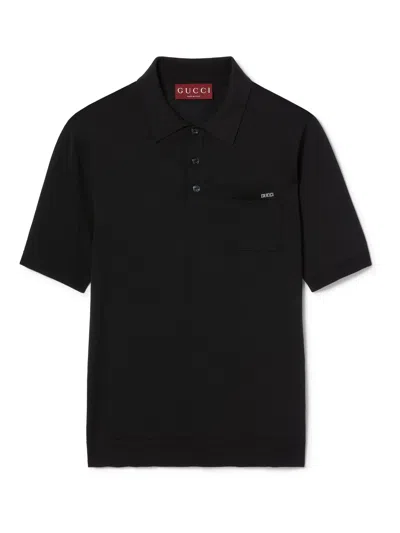 Gucci Fine Wool Knit Polo Top With Intarsia In Black