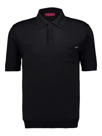 Gucci Fine Wool Knit Polo Top With Intarsia In Black