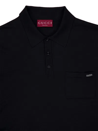 Gucci Fine Wool Knit Polo Top With Intarsia In Black
