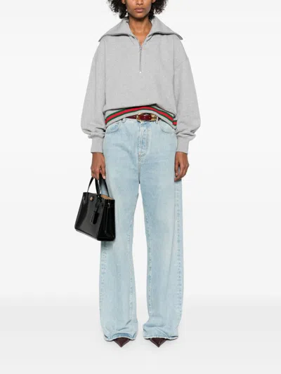 Gucci Grey Sweatshirt With Half Zip Closure And Web Detail On The Waist In Jersey Woman In Multi