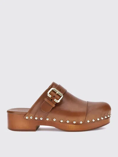 Chloé Calfskin Mules Bold Wooden Platform In Brown