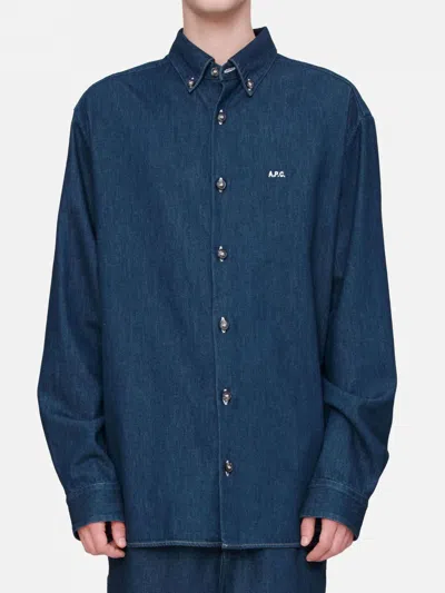 Apc A.p.c. Button-down Denim Shirt With Logo Detail In Blue