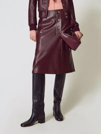 Twinset Bordeaux Midi Skirt With Jewel Buttons And Asymmetric Details In Ecoleather Woman In Brown
