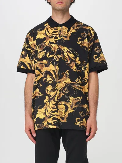 Versace Jeans Couture Baroque-inspired Black And Gold Polo Shirt In Multi