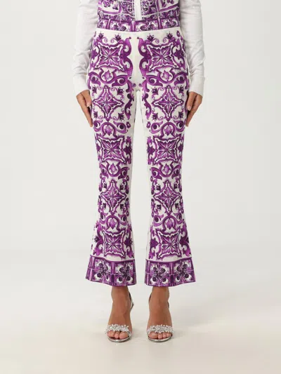 Dolce & Gabbana Maiolica Print Silk Wide Leg Trousers In Purple