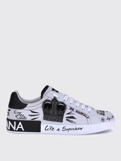 Dolce & Gabbana White Low Top Sneakers With Logo Patch On The Tongue And All-over Print In Leather Man In Multi