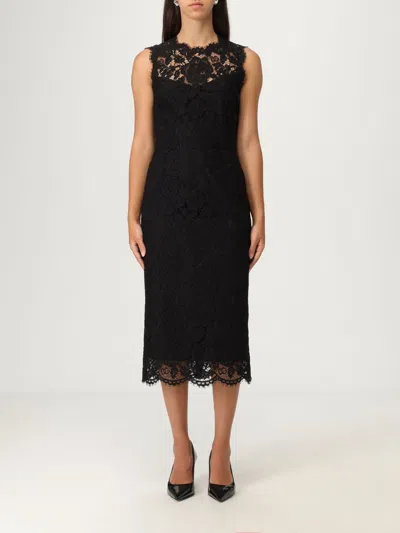 Dolce & Gabbana Logoed Stretch Lace Longuette Dress In Black