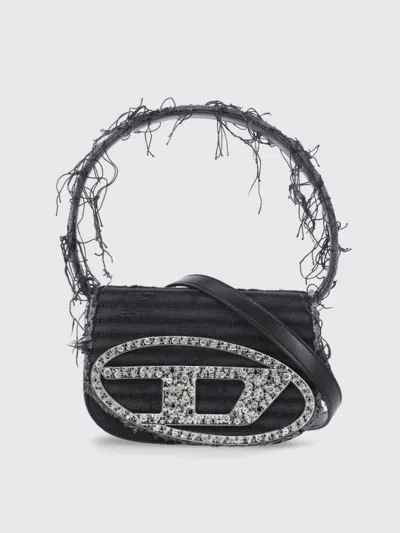 Diesel 1dr Black Shoulder Bag With Oval D Plaque With Rhinestones And Fringed Edges In Cotton And Leather B