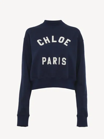 Chloé Mockneck Cotton Sweatshirt With Logo In Blue